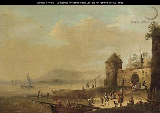 Figures unloading a barge at a riverside village - (after) Bonaventure II Peeters