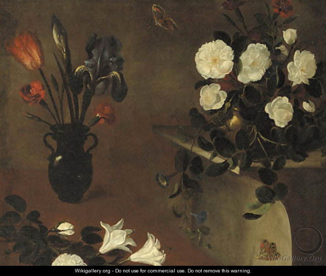 An iris, a tulip and carnations in a vase with roses in a copper bowl on a pedestal nearby - a fragment - (after) Picart, Bernard