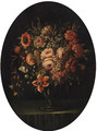 Roses, Carnations, Tulips and other Flowers in a glass Vase on a Ledge - (after) Bartolome Perez