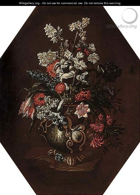 Narcissi, carnations, tulips, morning glory and other flowers in a vase on a ledge - (after) Bartolomeo Ligozzi