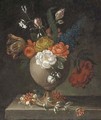 Roses, tulips and other flowers in a vase on a ledge - (after) Bartolome Perez