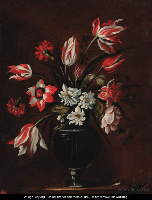 Carnations, tulips and other flowers in a glass vase on a ledge - (after) Bartolome Perez