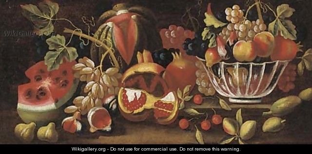 A watermelon, grapes, figs, pomegranate and a bowl - (after) Bartolome Perez