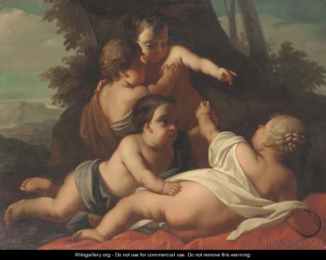 Putti disporting in a wooded landscape - (after) Carlo Cignani