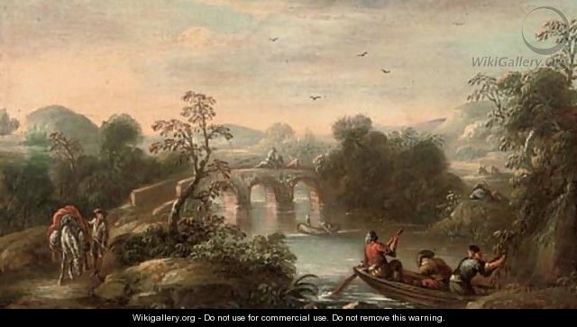 An Italianate wooded river landscape with fishermen in a boat and figures on a bridge beyond - (after) Carlo Bonavia