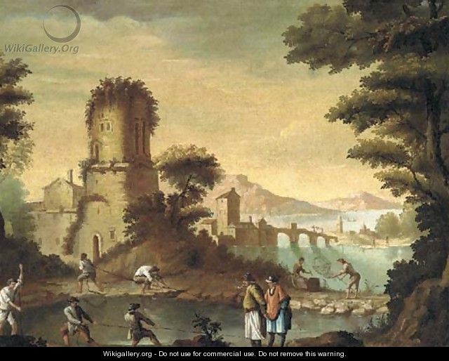 An Italianate landscape with fishermen before a town - (after) Carlo Bonavia
