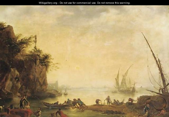 A Mediterranean coastal inlet with fishermen and shipping - (after) Claude-Joseph Vernet