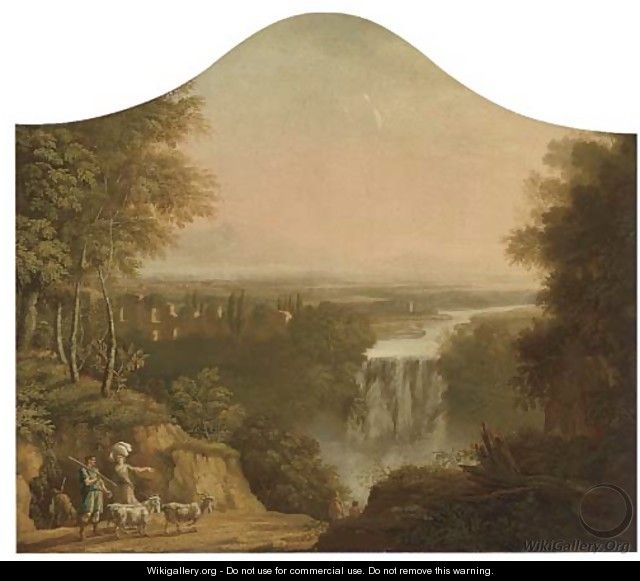 An extensive river landscape with a shepherd and his flock by a waterfall - (after) Claude Lorrain (Gellee)