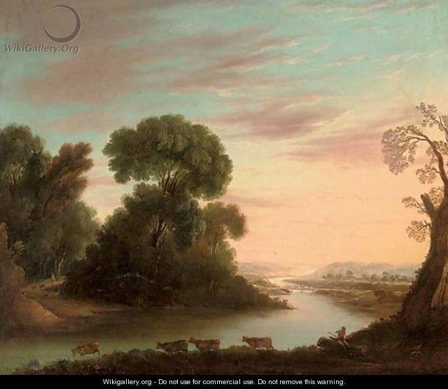 A wooded river landscape with a drover under a tree, his cattle beyond - (after) Claude Lorrain (Gellee)
