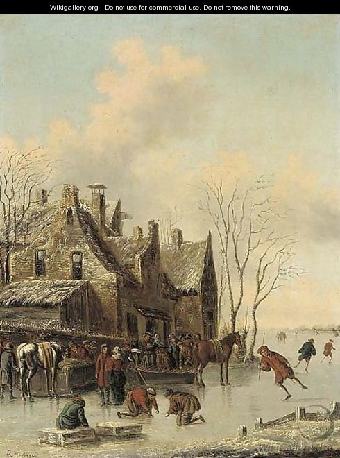 A frozen river by a town with skaters and townsfolk - (after) Claes Molenaar (see Molenaer)