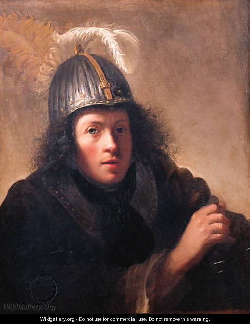 A youth, half length, wearing a helmet and holding a sword - (after) Christoph Paudiss