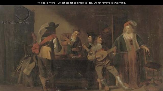 Elegant company drinking, smoking and making music in an interior - (after) Christoffel Jacobsz Van Der Lamen