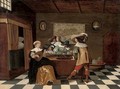 Backgammon players at a table with a lady playing a lute in an interior - (after) Christoffel Jacobsz Van Der Lamen