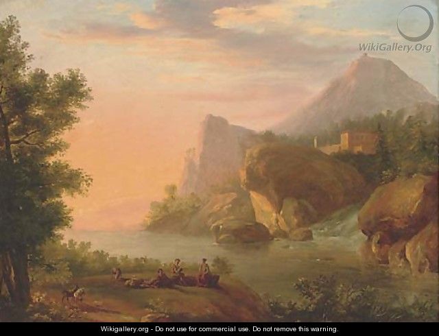 A Rhenish river landscape with shepherds playing music near a waterfall - (after) Christian Georg II Schutz Or Schuz