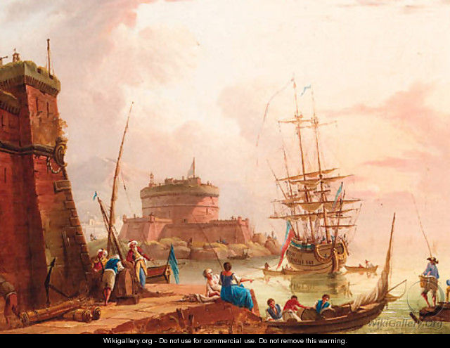 A Mediterranean harbour with merchants and fisherfolk on a quay, a man-o-war moored beyond - (after) Charles Francois Lacroix De Marseille