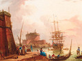 A Mediterranean harbour with merchants and fisherfolk on a quay, a man-o-war moored beyond - (after) Charles Francois Lacroix De Marseille