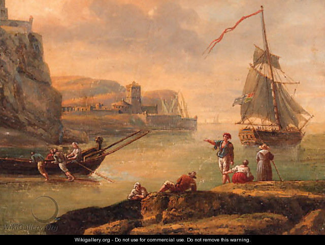 A Mediterranean coastline with fisherfolk on the shore and a yacht setting sail beyond - (after) Charles Francois Lacroix De Marseille
