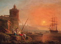 A Mediterranean coastline at sunset with fisherfolk on the shore, a man-o'-war moored beyond - (after) Charles Francois Lacroix De Marseille