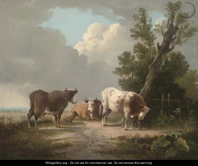 Cattle and a sheep in an extensive landscape - (after) Charles Towne