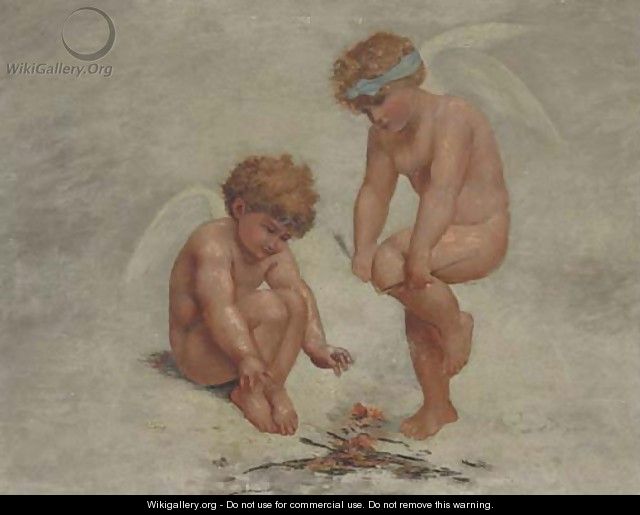 Putti building a fire with broken arrows - (after) Charles Augustus Henry Lutyens