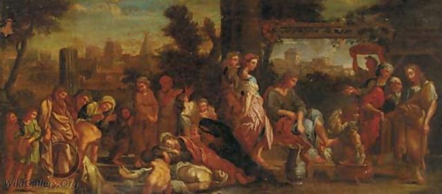 The death of Ananias and Sapphira with the washing of Peter