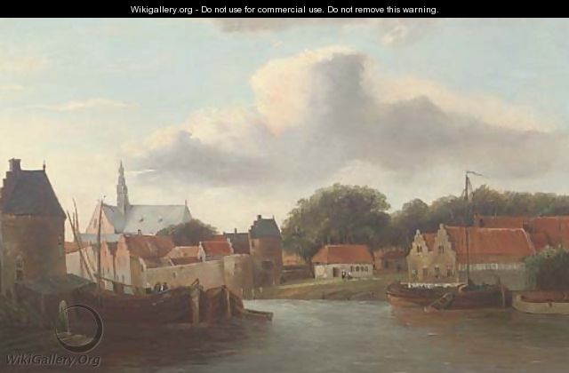 A Dutch river town with barges - (after) Cornelis Springer