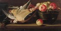 Apples in a basket with a dead duck in an earthenware bowl on a wooden ledge - (after) Cornelis Jacobsz. Delff