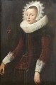 Portrait of a lady, standing three quarter length, wearing a gold embroidered red dress with molenkraag - (after) Cornelis De Vos