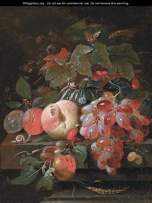 Grapes, plums, a peach, a melon and cherries on a stone ledge - (after) Cornelis De Heem