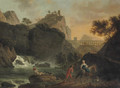 A mountainous river landscape with travellers on a track, a town on a hill and a roman acquaduct beyond - (after) Claude-Joseph Vernet