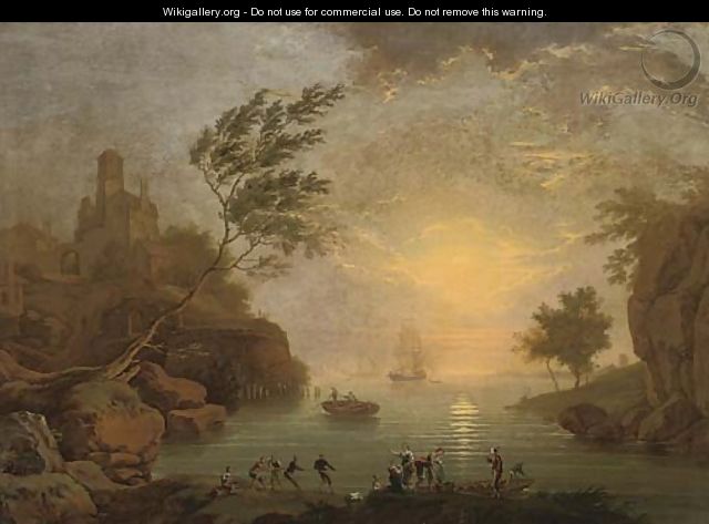 A Mediterranean coastal inlet with fishermen taking in nets, shipping beyond - (after) Claude-Joseph Vernet
