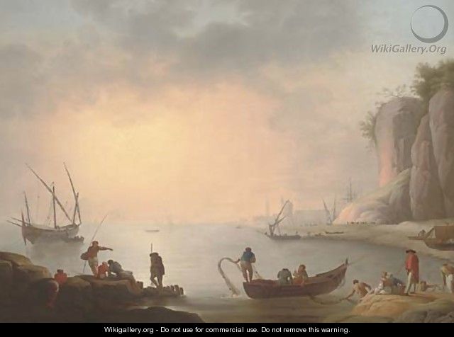 A Mediterranean coastal inlet with fishermen by the shore, a port beyond - (after) Claude-Joseph Vernet
