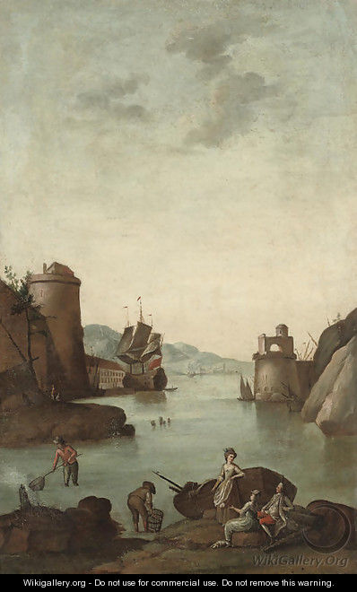 A Mediterranean coastal inlet with a fortified town, figures fishing in the foreground and a ship beyond; and A Mediterranean coastal inlet with a for - (after) Claude-Joseph Vernet