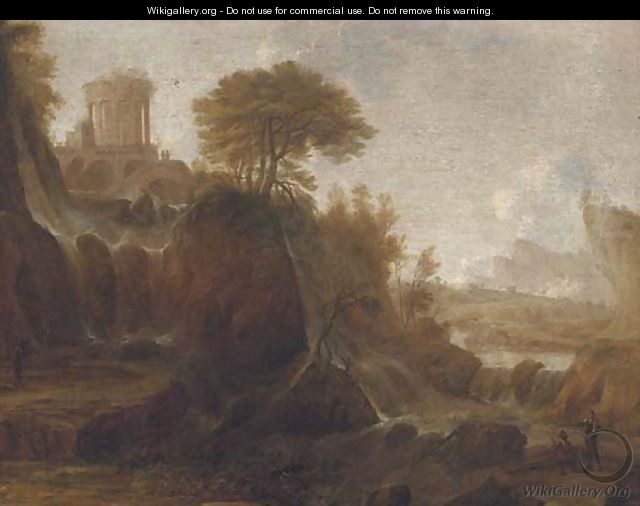 Figures by a waterfall in a classical landscape - (after) Claude Lorrain (Gellee)