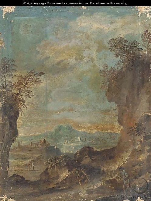 A landscape with travellers on a mountain pass - (after) Alessandro Magnasco