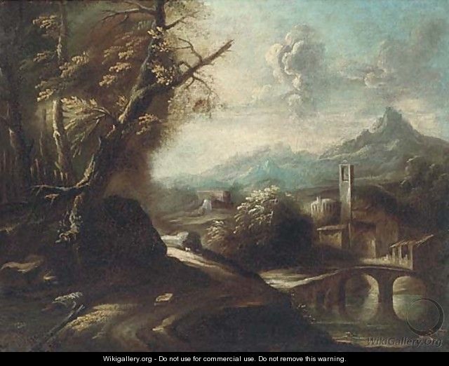 A wooded track by a river with a town beyond - (after) Alessandro Magnasco
