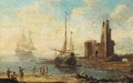 A Mediterranean coastal inlet with shipping and figures on the shore, a tower with a bridge beyond - (after) Agostino Tassi