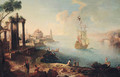 A capriccio of an Eastern harbour with fisherfolk on the shore, a man-o