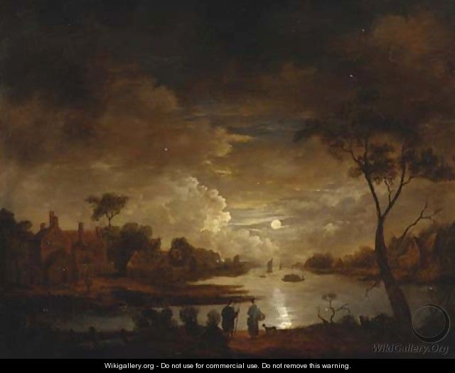 A moonlit river landscape with figures on a track, cottages beyond - (after) Aert Van Der Neer