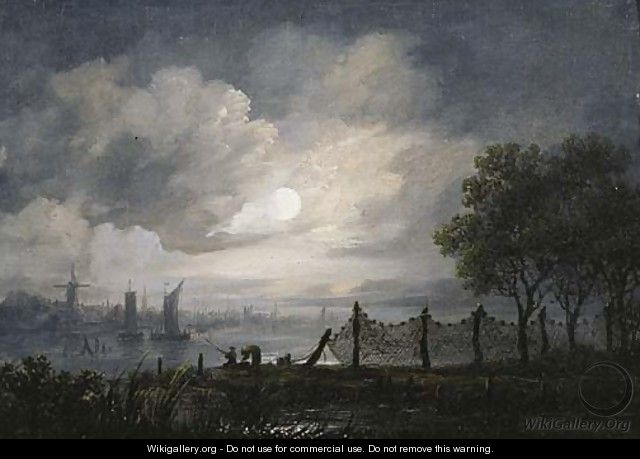 A moonlit river landscape with anglers - (after) Aert Van Der Neer