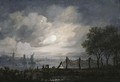 A moonlit river landscape with anglers - (after) Aert Van Der Neer