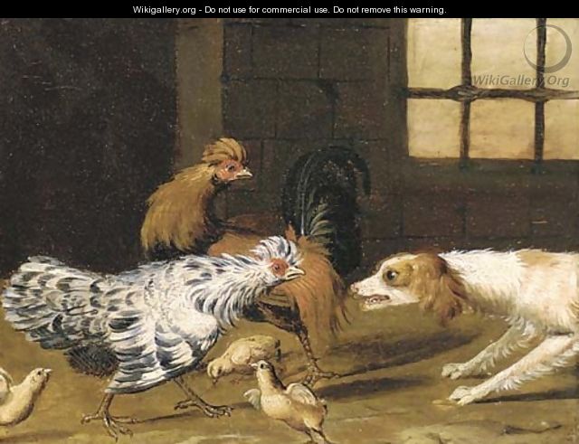 A spaniel chasing a cockeral, a hen and chicks - (after) Adriaen Van Utrecht