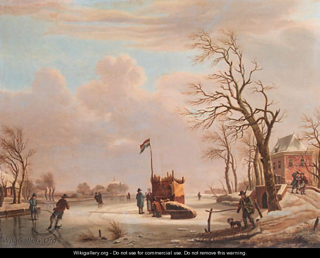 Skaters and other townsfolk on a frozen river by a country mansion - (after) Andries Vermeulen