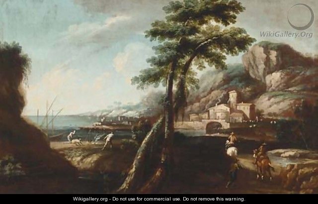 An Italianate landscape with travellers on a track, a port beyond - (after) Andrea Locatelli