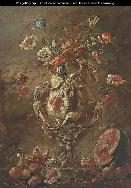 Tulips, narcissi and other flowers in a suclpted urn - (after) Andrea Belvedere