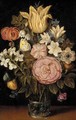 A rose, a tulip, an iris and other flowers in a glass vase, with a butterfly - (after) Ambrosius The Elder Bosschaert