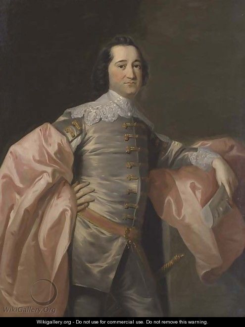 Portrait of gentleman, three-quarter-length, in a grey jacket and pink wrap - (after) Allan Ramsay