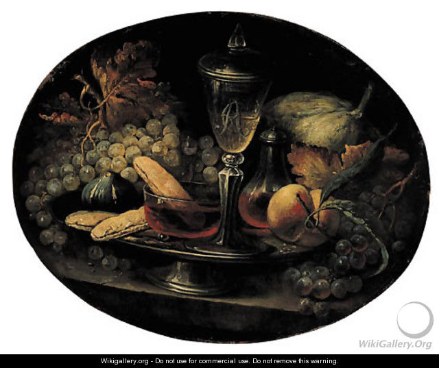 Grapes, a fig, breadrolls, wineglasses and a peach on a pewter plate - (after) Alexandre-Francois Desportes