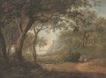 A wooded landscape with a shepherd and his flock, and a figure riding on a track - (after) Alexander Nasmyth