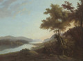 A mountainous wooded river landscape with a figure on a track and a castle beyond - (after) Alexander Nasmyth